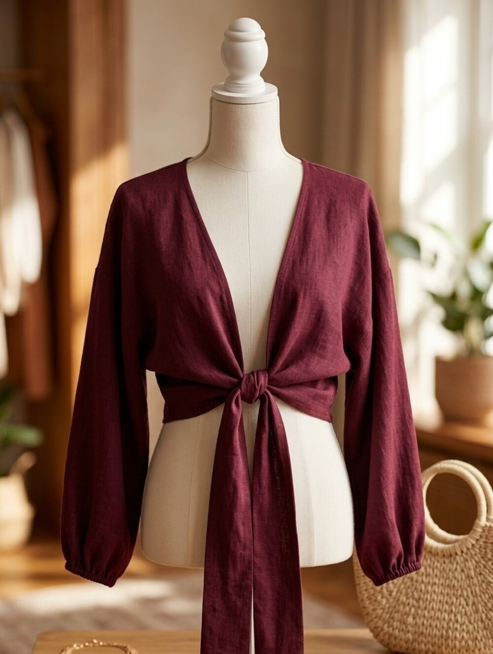 In the Beginning Maroon Boho Tie Waist Bohemian Cropped Top Shirt Swimsuit Cover
